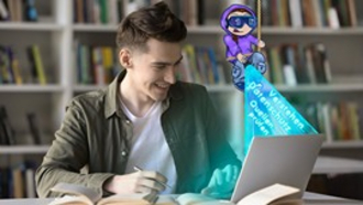 Ein junger Mann vor einem Laptop, und sein KI Avatar der Ihm hilft.