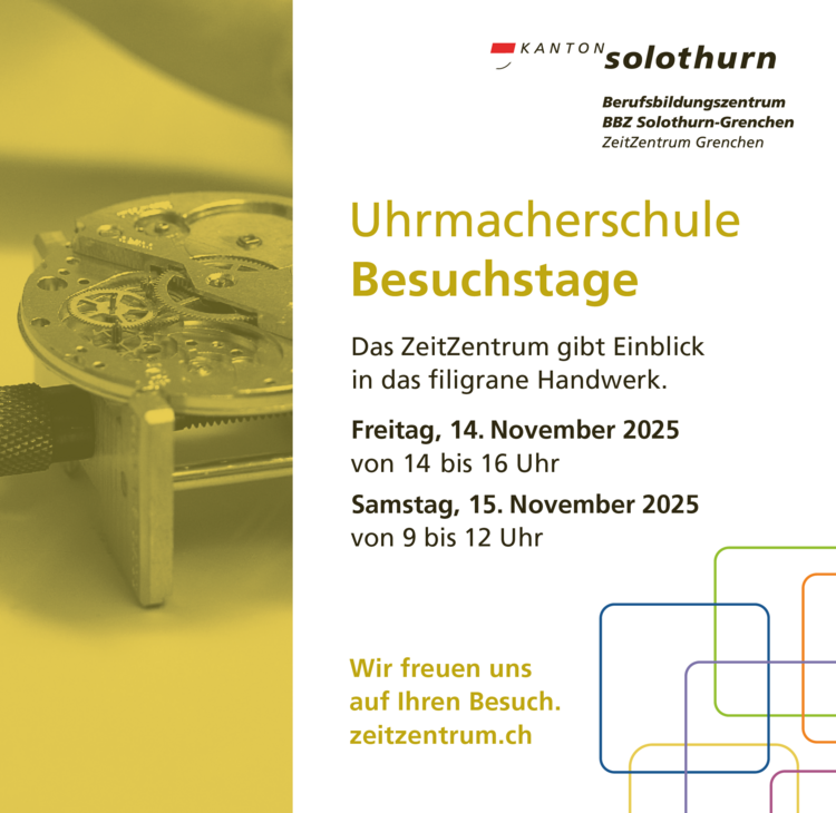 Ein Flyer vom Besuchtag. Links ein Uhrwerk und rechts die Daten.