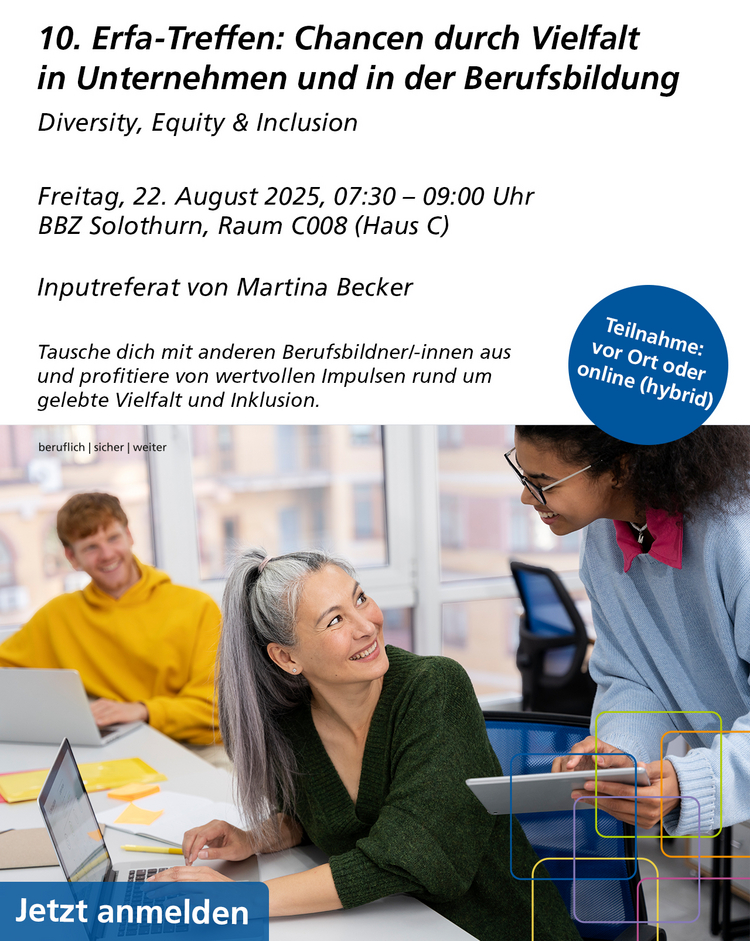 Einladung des Zehntes Erfa-Treffen Berufsbildner-innen. Wir sehen eine Gruppe fröhlicher Menschen in einem Büro auf dem unteren Teil des Flyers.