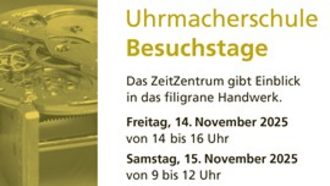 Einladung_Veranstaltung_ZeitZentrum_Besuchstage. Ein Uhrwerk auf der rechten Seite, und die Daten auf der linken Seite.